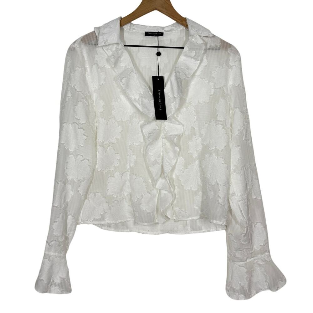 Emerson Lang Bell Sleeve Blouse NWT Size L White Floral Ruffle Ethereal Sheer
